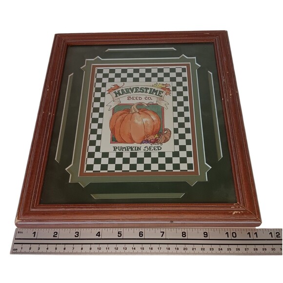 VTG Barbara Mock Pumpkin Print Matted  Framed Green Orange Black & White Checks - Picture 4 of 16